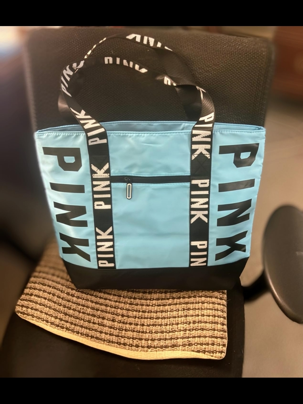 PINK Light Blue & Black Logo Tote